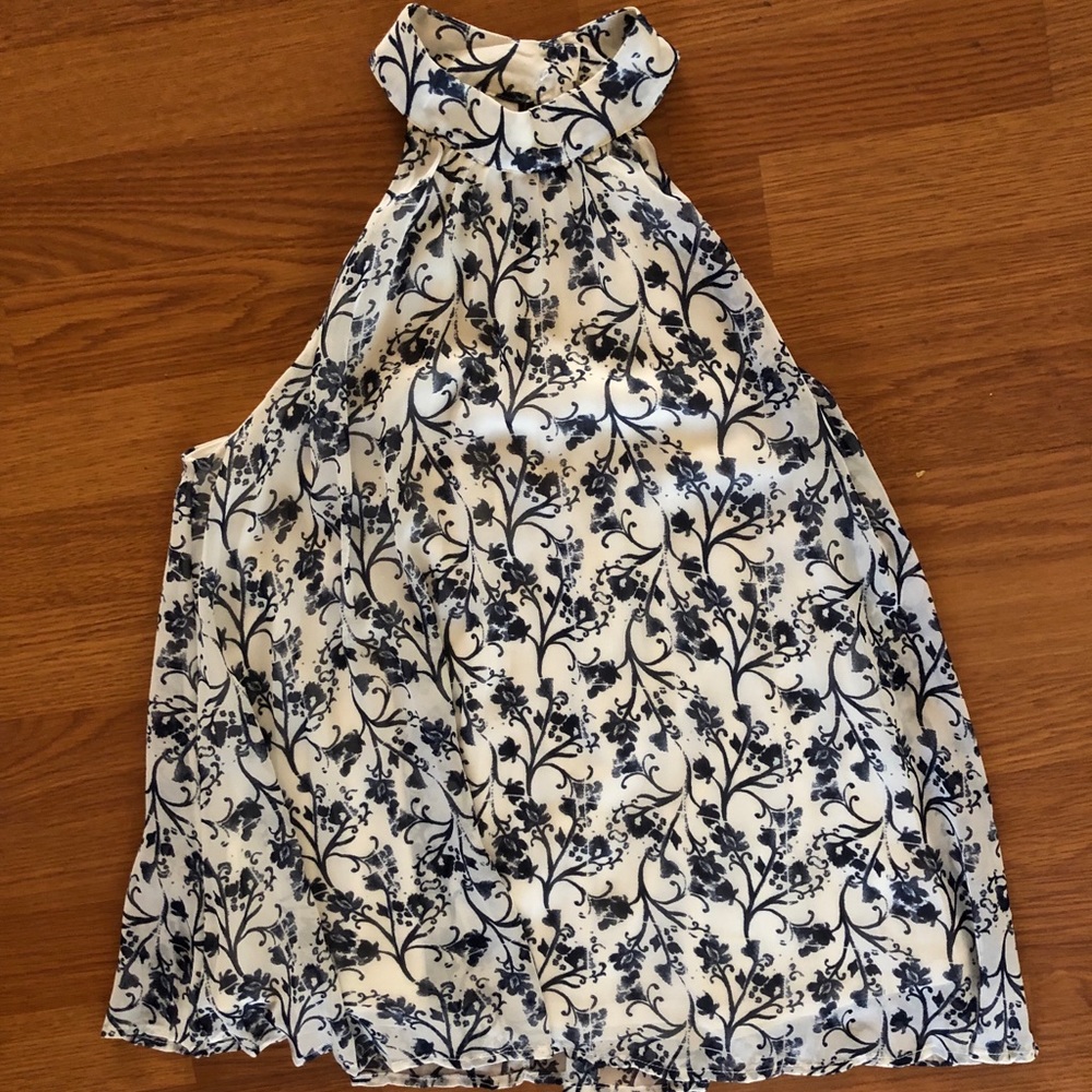 Frenchi High-Collar Sleeveless Navy & White Blouse